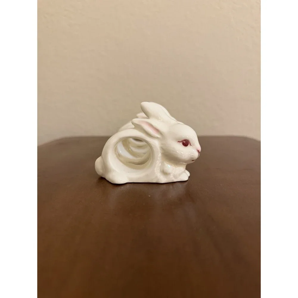 Vintage Ceramic Bunny Rabbit Napkin Rings Set of 4 White Pink Animal Theme